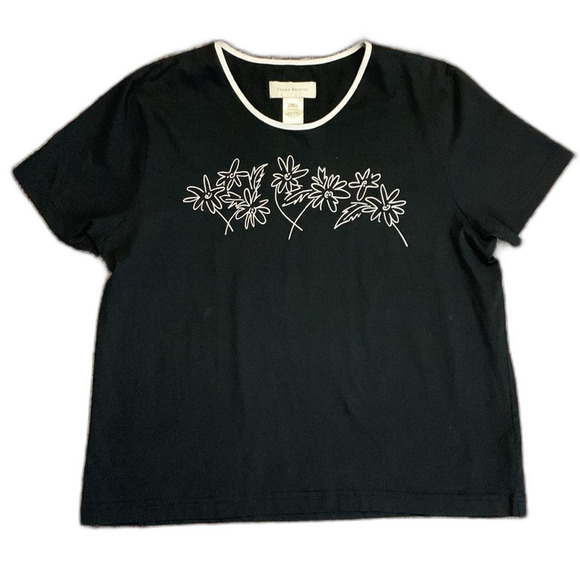 Susan Bristol Black Cotton White Floral Design Scoop Neck SS T-Shirt Size XL - Picture 1 of 9